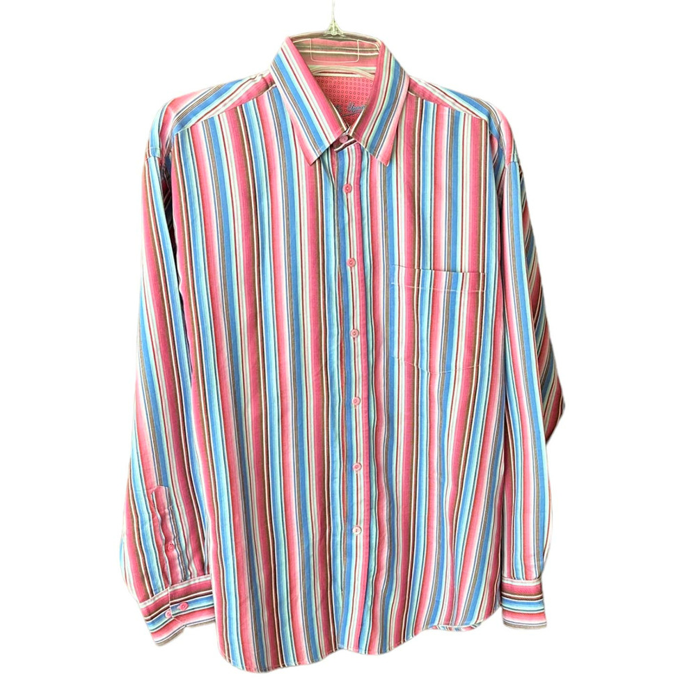 Bugatchi Striped Button-Down Dress Shirt in Pink, Blue, White